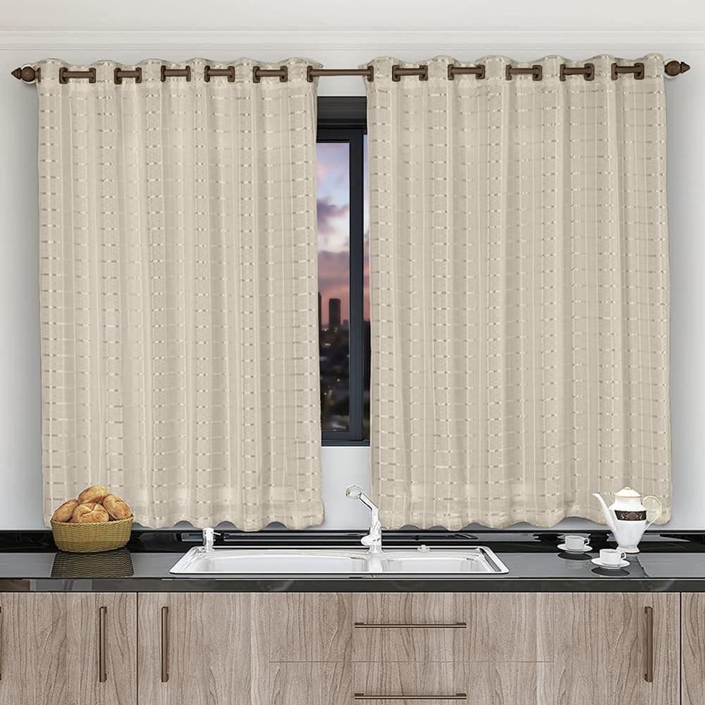 Cortina Voil Xadrez Bege 2,80X1,40 Forro Microfibra Sala