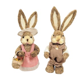 Casal De Coelho De Palha Colonial 36Cm Decoração De Páscoa