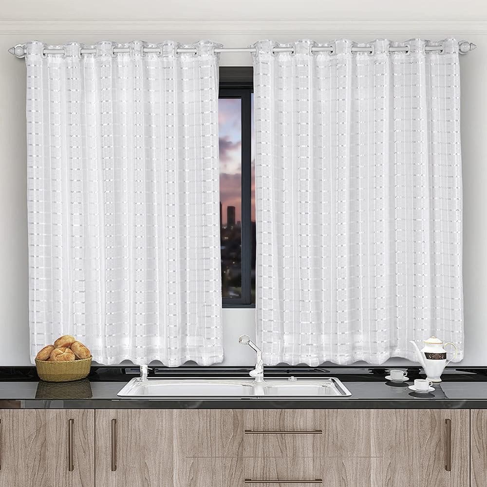 Cortina Cozinha Xadrez Branco 2,80X1,20 Forro Microfibra