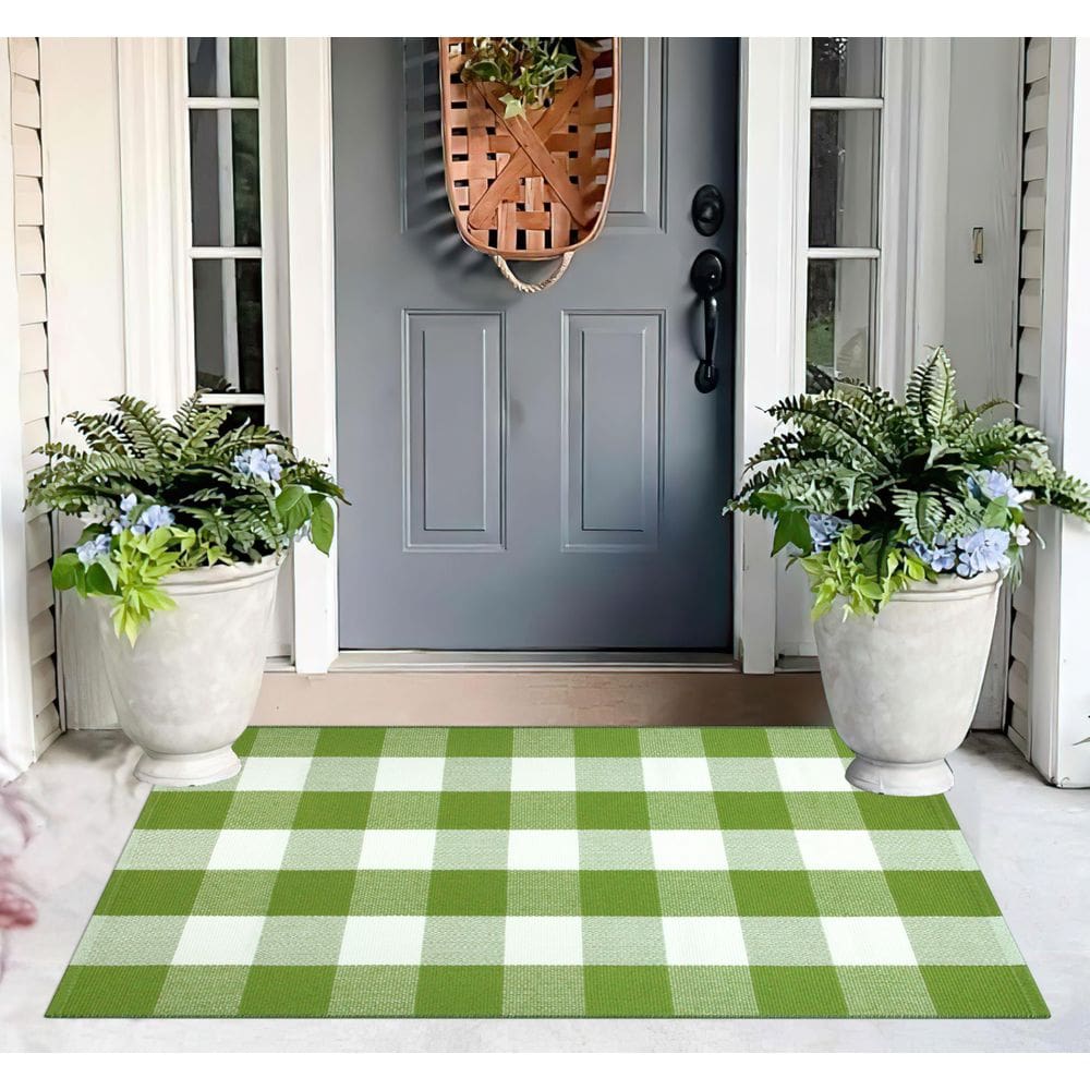 Tapete ao ar livre KiHipioe Verde/Branco Buffalo Checked 70x110cm