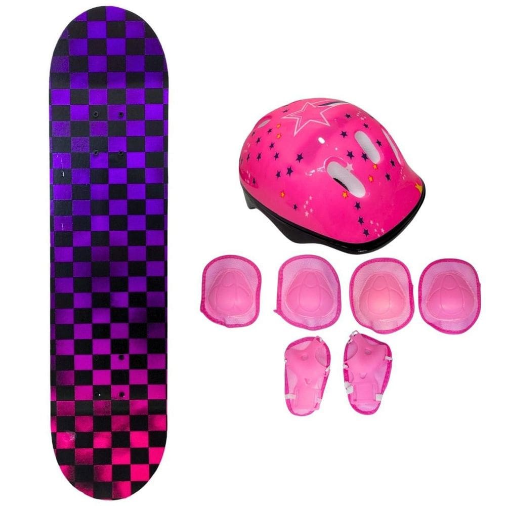 Skate Infantil 50 Kg Xadrez + Kit Proteção Estrela Rosa