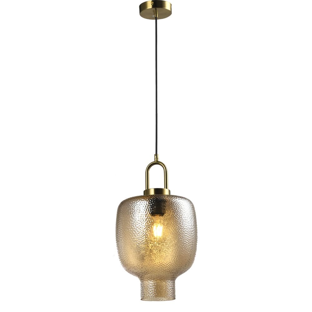 PENDENTE ANTIQ DOURADO E VIDRO ÂMBAR Ø22x40CM