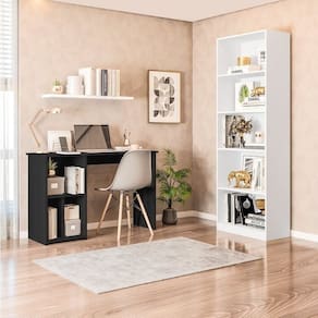 Conjunto com 1 Mesa Escrivaninha 3 Nichos Veneta e 1 Estante Livreiro 5 Nichos Montreal Preto/Branco