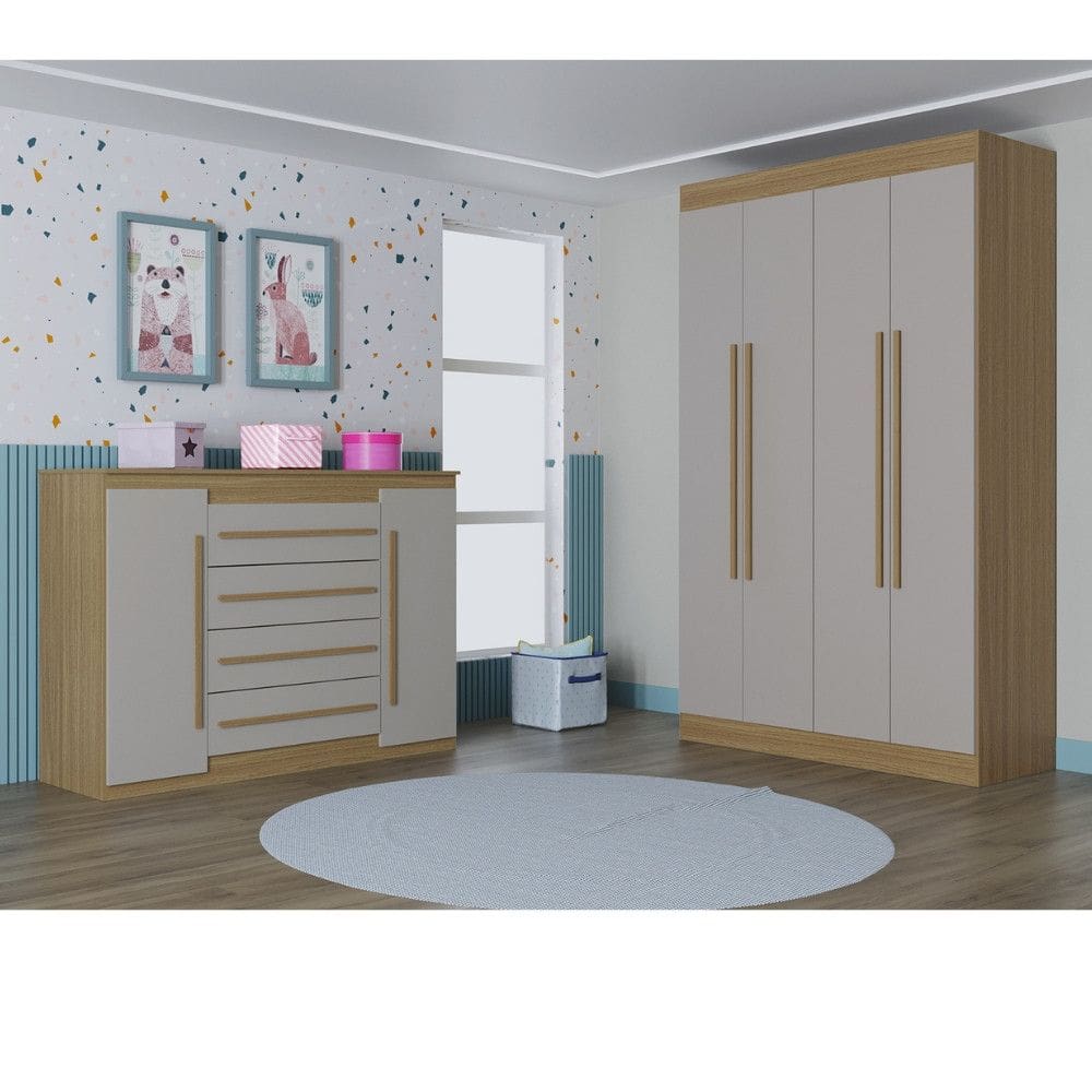 Quarto Infantil Guarda Roupa 4 Portas e Cômoda 4 Gavetas 2 Portas Lucca Poquema