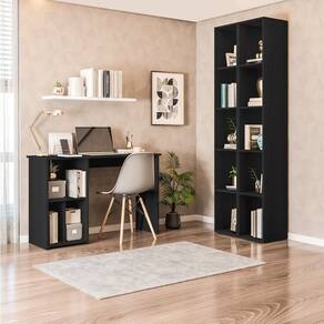 Conjunto com 1 Mesa Escrivaninha 3 Nichos Veneta e 2 Estantes Livreiro 5 Nichos Liverpool Preto