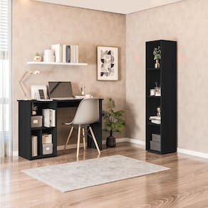 Conjunto com 1 Mesa Escrivaninha 3 Nichos Veneta e 1 Estante Modular 4 Nichos Delta Preto