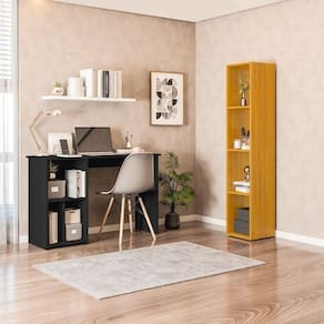 Conjunto com 1 Mesa Escrivaninha 3 Nichos Veneta e 1 Estante Modular 4 Nichos Delta Preto/Freijó