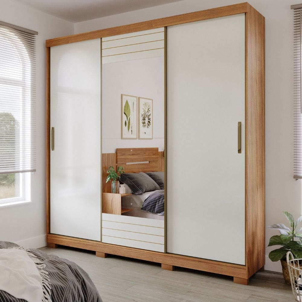 Guarda Roupa Casal com Espelho e Pés 3 Portas de Correr 100 MDF Búzios Panan