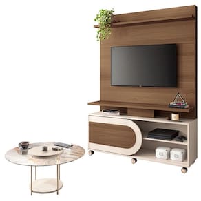 Estante Home Theater Òrbis Castanho Off White e Mesa de Centro Sky com Tampo de Vidro Off White- HB Móveis