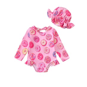 Roupa de banho SUNNY PIGGY Baby Girls de manga comprida 0-3M com chapéu rosa
