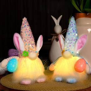 Boneca de pelúcia decorativa para casal de gnomos de Páscoa com luz LED, 2 unidades