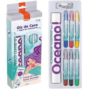 Giz Cera Retrátil + Régua Crescimento Sea Caixa 8 Pcs Gz2003