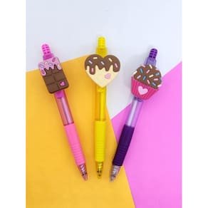 Kit com 03 Canetas Esferográficas com aplique Doces cup cake brigadeiro papelaria material escolar caneta azul lembranci