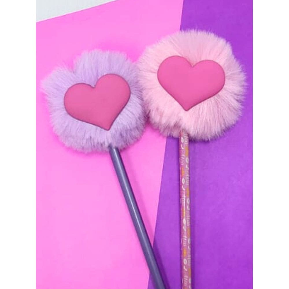 02 Lápis Pompom coração amor material escolar esferografica papelaria presente natal volta as aulas