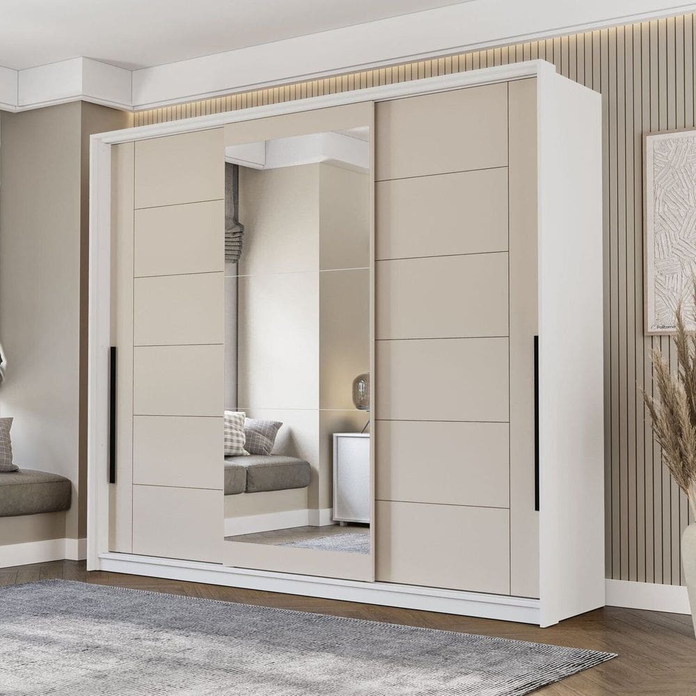 Guarda Roupa 3 Portas de Correr 4 Gavetas com Espelho Lisboa Branco/Creme