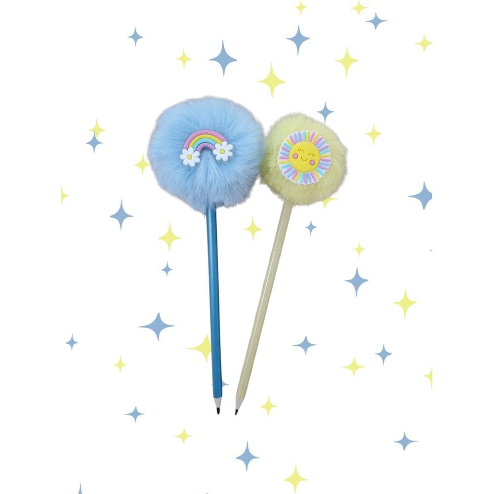 02 Lápis pompom Arco Iris Solzinho papelaria lapis escrever material escolar lembrancinha presente