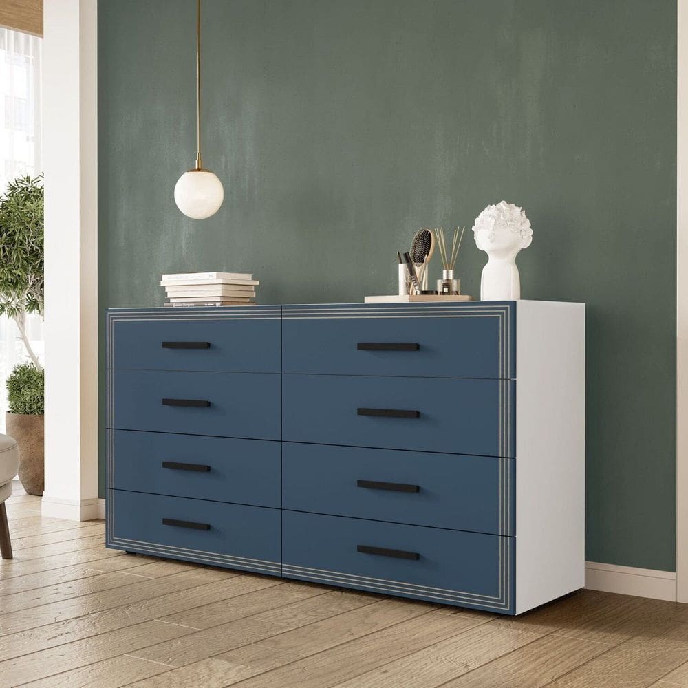 Cômoda 8 Gavetas Valência Politorno Móveis Branco/Azul