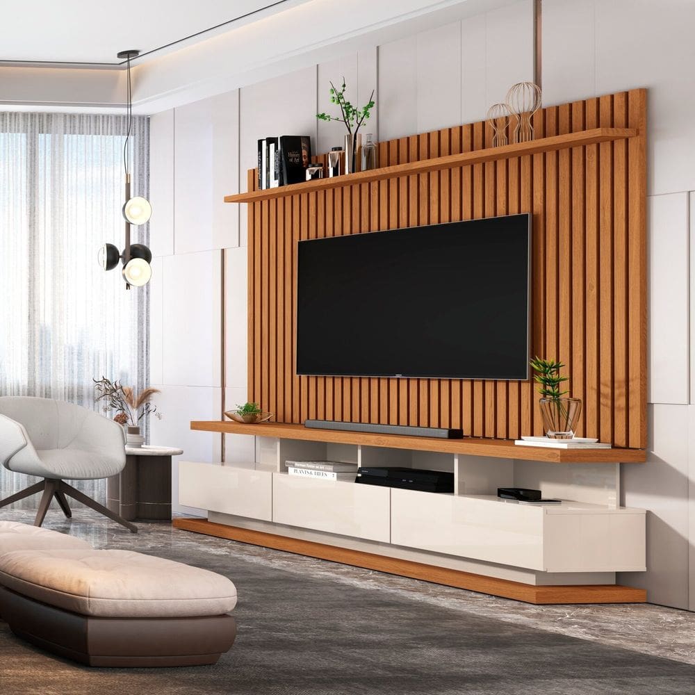 Rack com Painel Ripado para Tv até 72 Polegadas 3 Gavetas e Pés com Rodízios Vivare Classic Off White/ Marrom