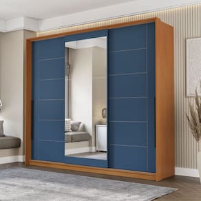 Guarda Roupa 3 Portas de Correr 4 Gavetas com Espelho Lisboa Freijó/Azul