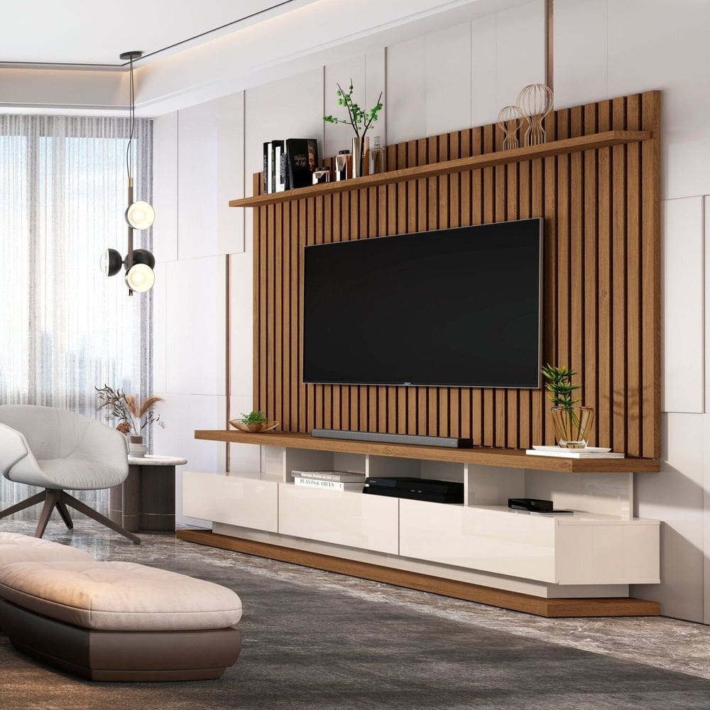 Rack com Painel Ripado para Tv até 72 Polegadas 3 Gavetas e Pés com Rodízios Vivare Classic Off White/ Freijó