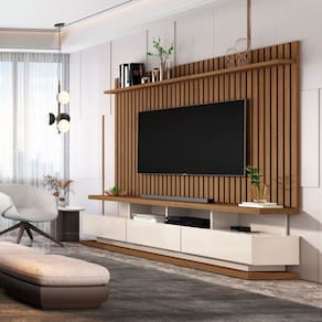 Rack com Painel Ripado para Tv até 72 Polegadas 3 Gavetas e Pés com Rodízios Vivare Classic Off White/ Freijó