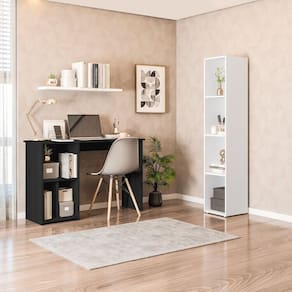 Conjunto com 1 Mesa Escrivaninha 3 Nichos Veneta e 1 Estante Modular 4 Nichos Delta Preto/Branco