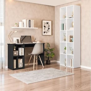 Conjunto com 1 Mesa Escrivaninha 3 Nichos Veneta e 2 Estantes Livreiro 5 Nichos Liverpool Preto/Branco