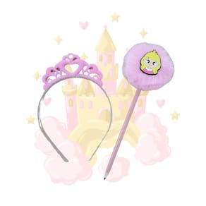 Kit Princesa tiara de coroa e lápis pompom Princesas papelaria presente lembrancinha pascoa