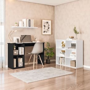 Conjunto com 1 Mesa Escrivaninha 3 Nichos Veneta e 1 Estante Multiuso 6 Nichos Geórgia Preto/Branco