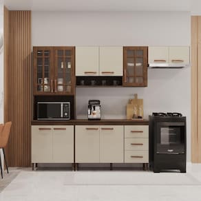 Cozinha Modulada Compacta Fidelitá Lisboa 4 Peças 260cm 11 Portas 3 Gavetas Com Tampo Noce/Off-White