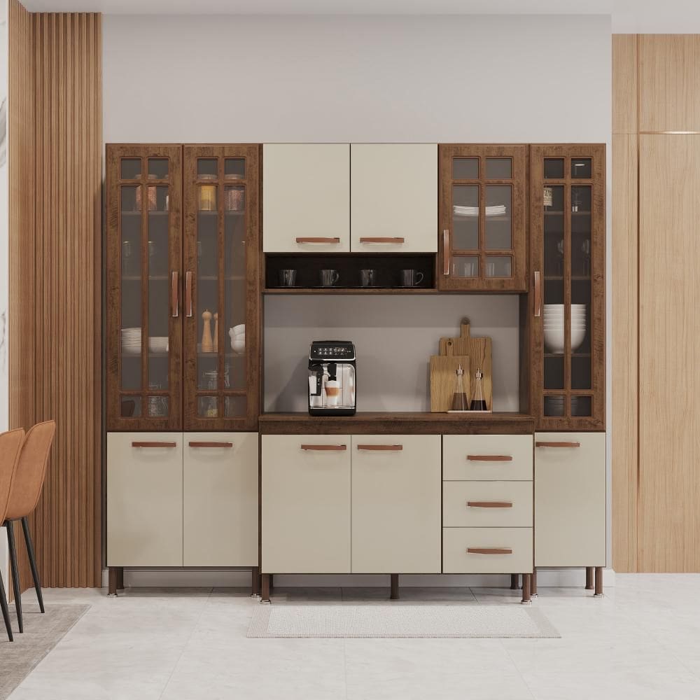 Cozinha Modulada Compacta Fidelitá Lisboa 4 Peças 225cm 11 Portas 3 Gavetas Com Tampo Noce/Off-White