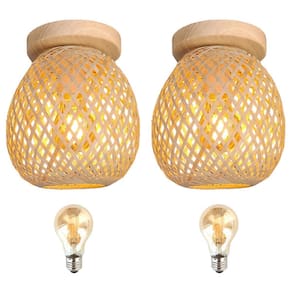 2 Luminaria Bambu Teto Artesanal Fibra Natural Nat93 + Led