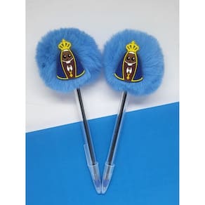 02 Canetas esferográficas pompom Kit religioso Nossa Senhora Aparecida 2 peças material escolar papelaria caneta macia