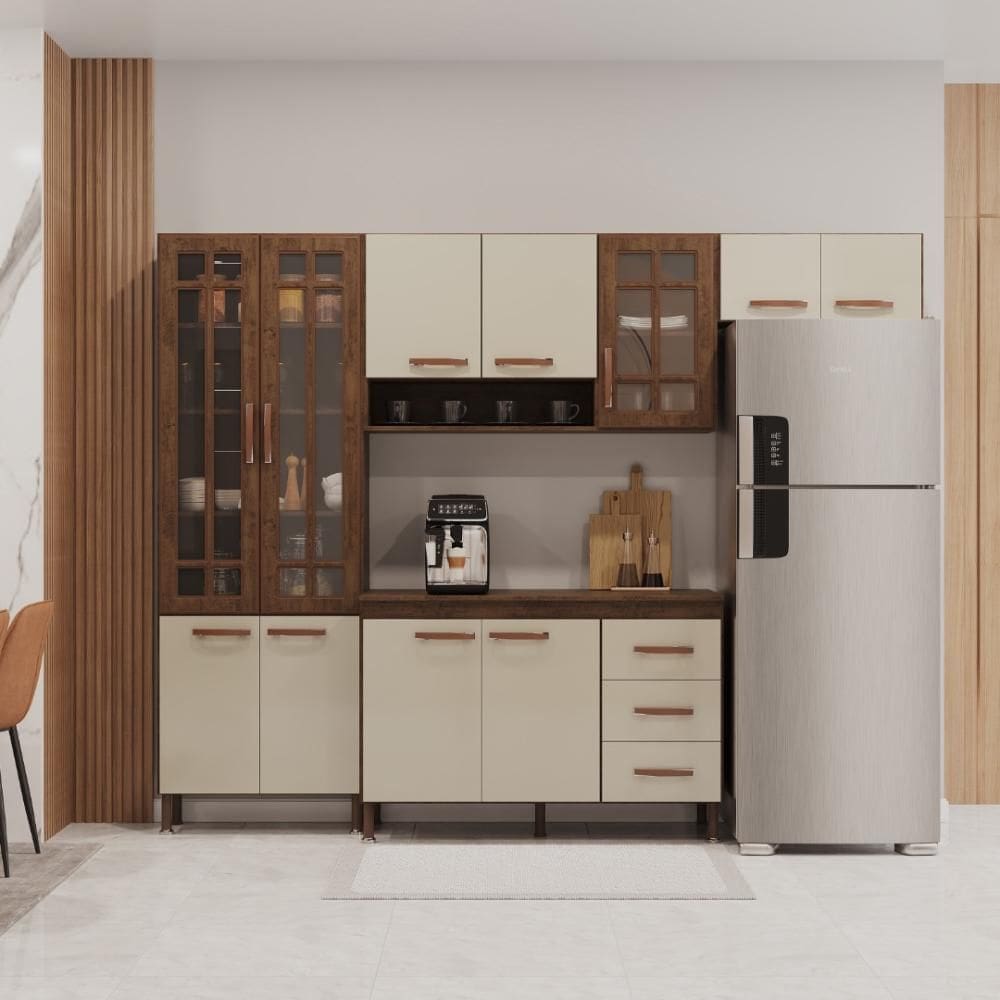 Cozinha Modulada Compacta Fidelitá Lisboa 4 Peças 260cm 11 Portas 3 Gavetas Com Tampo Noce/Off-White