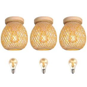 3 Luminaria Bambu Plafon Artesanal Fibra Natural Nat93 + Led