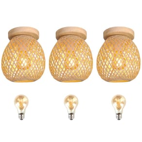 3 Luminaria Bambu Plafon Artesanal Fibra Natural Nat93 + Led