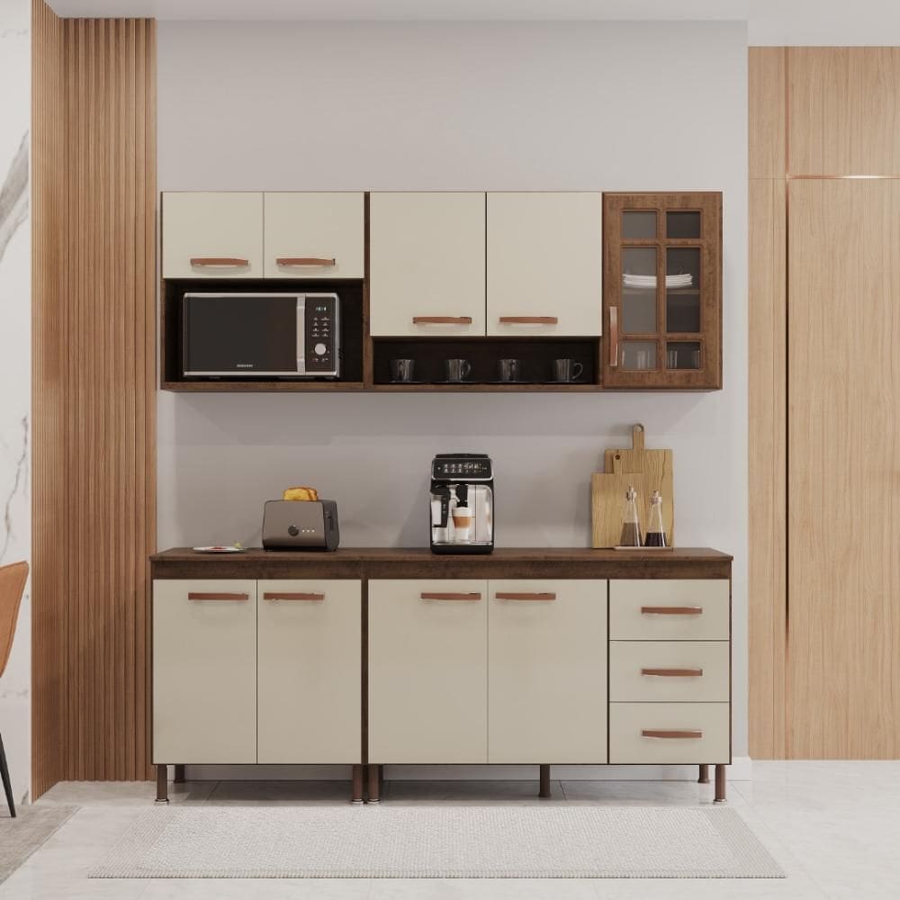 Cozinha Modulada Compacta Fidelitá Lisboa 4 Peças 190cm 9 Portas 3 Gavetas Com Tampo Nogal/Salinas