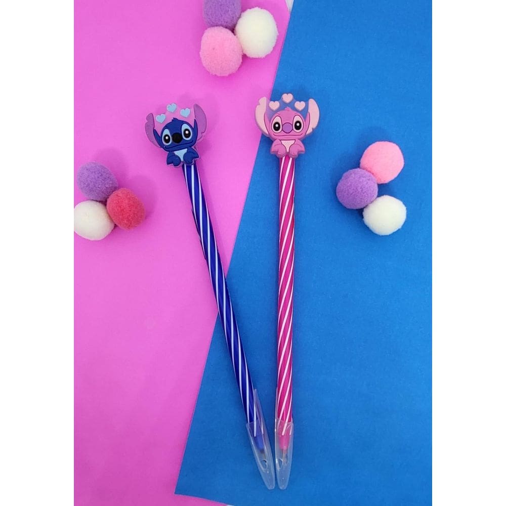 02 Canetas Spiro com aplique Stitch e Angel removiveis Stich Cis Spiro papelaria material escolar presente caneta esfero