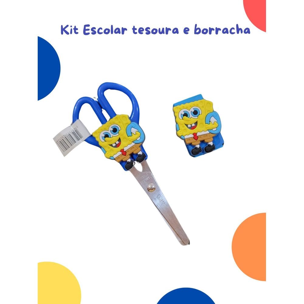 Kit Escolar Bob Esponja 2 peças tesoura lapis personalizado borracha papelaria lembrancinha volta as aulas