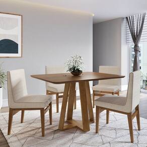 Conjunto Mesa de Jantar em Madeira Frame 120x80cm com 4 Cadeiras Tec Algodão Bege Nogueira Nogueira