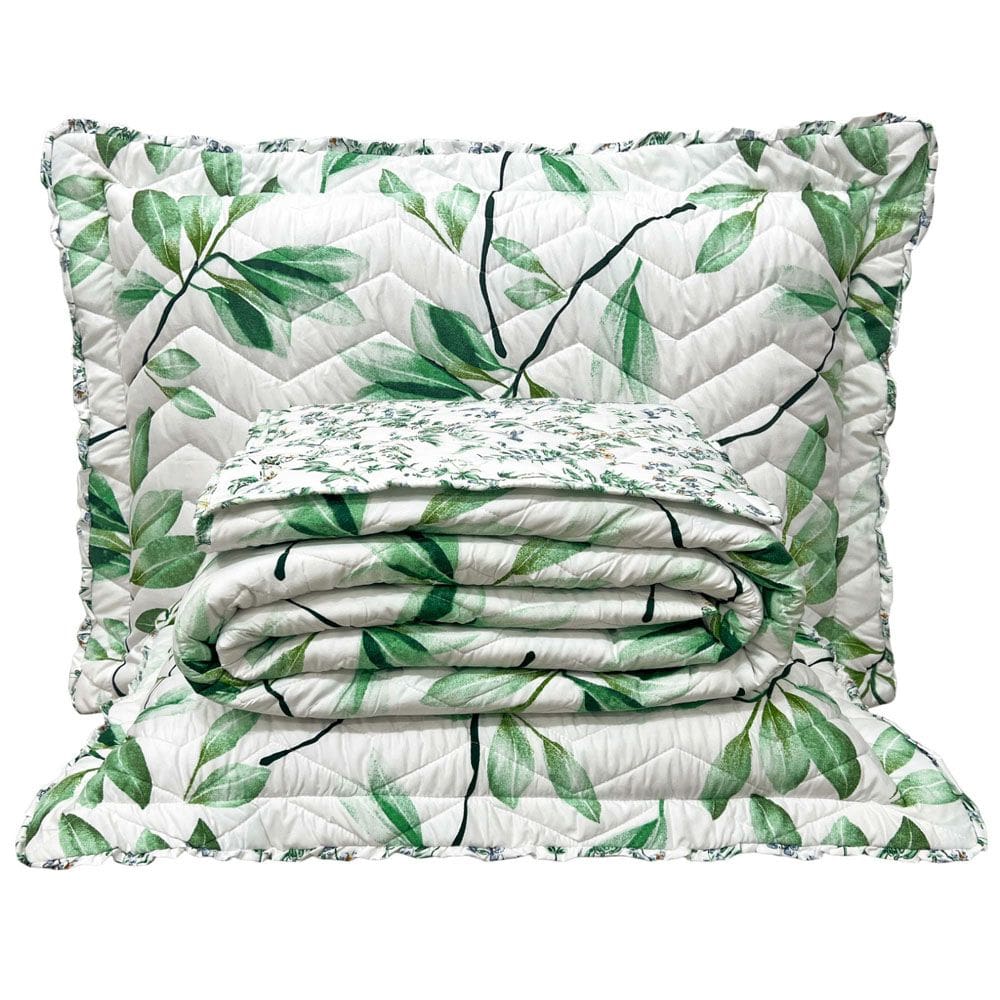 Kit Cobre Leito Colcha Casa Scarpa Classics King Dupla Face Percal 300 Fios Estampado 3 Peças - Flores Verde
