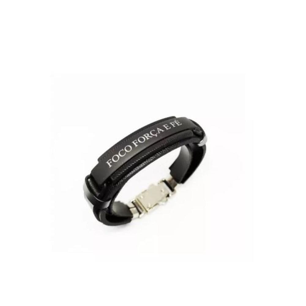 Pulseira Masculina Couro Preto Placa Preta Foco Força E Fé