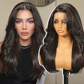 Peruca frontal de renda sintética KOME Black Brown Highlight 20 polegadas