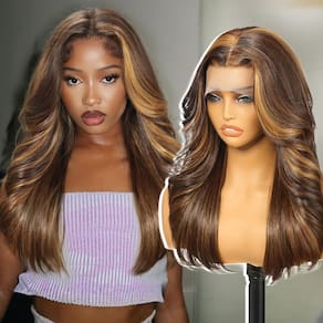 Peruca frontal de renda sintética KOME Brown Highlight Long Straight