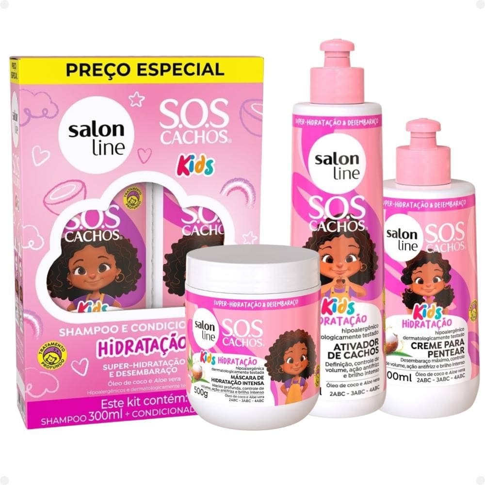 Kit Salon Line SOS Cachos Kids: Shampoo e Condicionador + Creme para Pentear, Ativador de Cachos e Máscara de Hidratação Intensa Hidratação