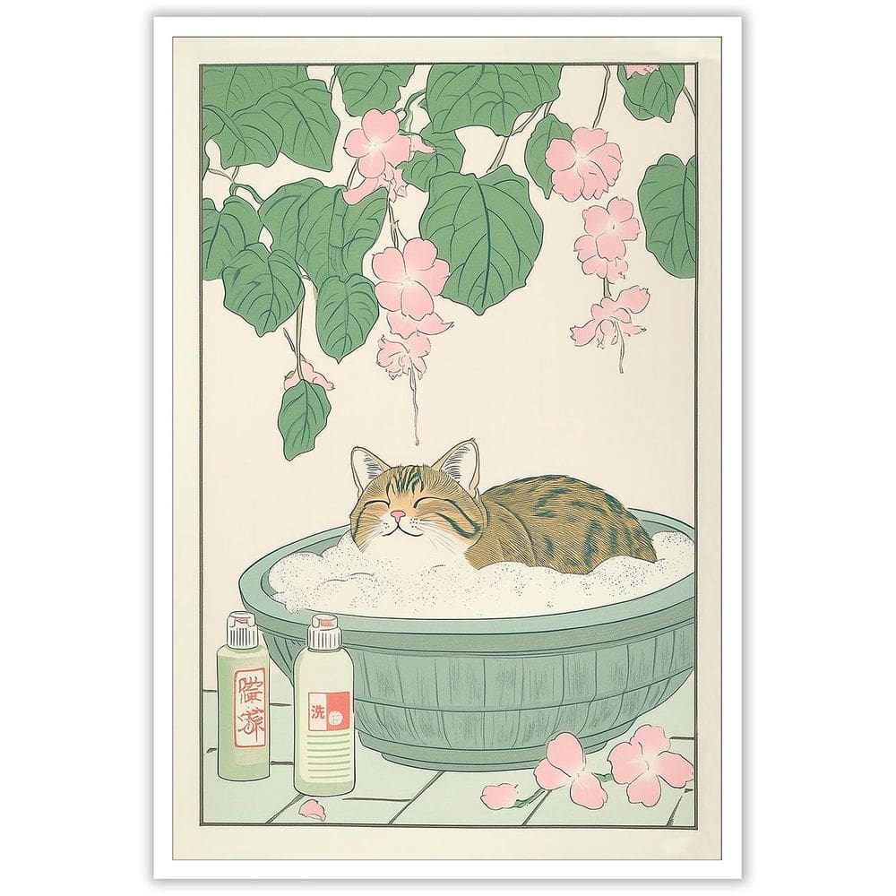 Pôsteres de tela: gato malhado japonês na banheira, arte de parede 40x60cm