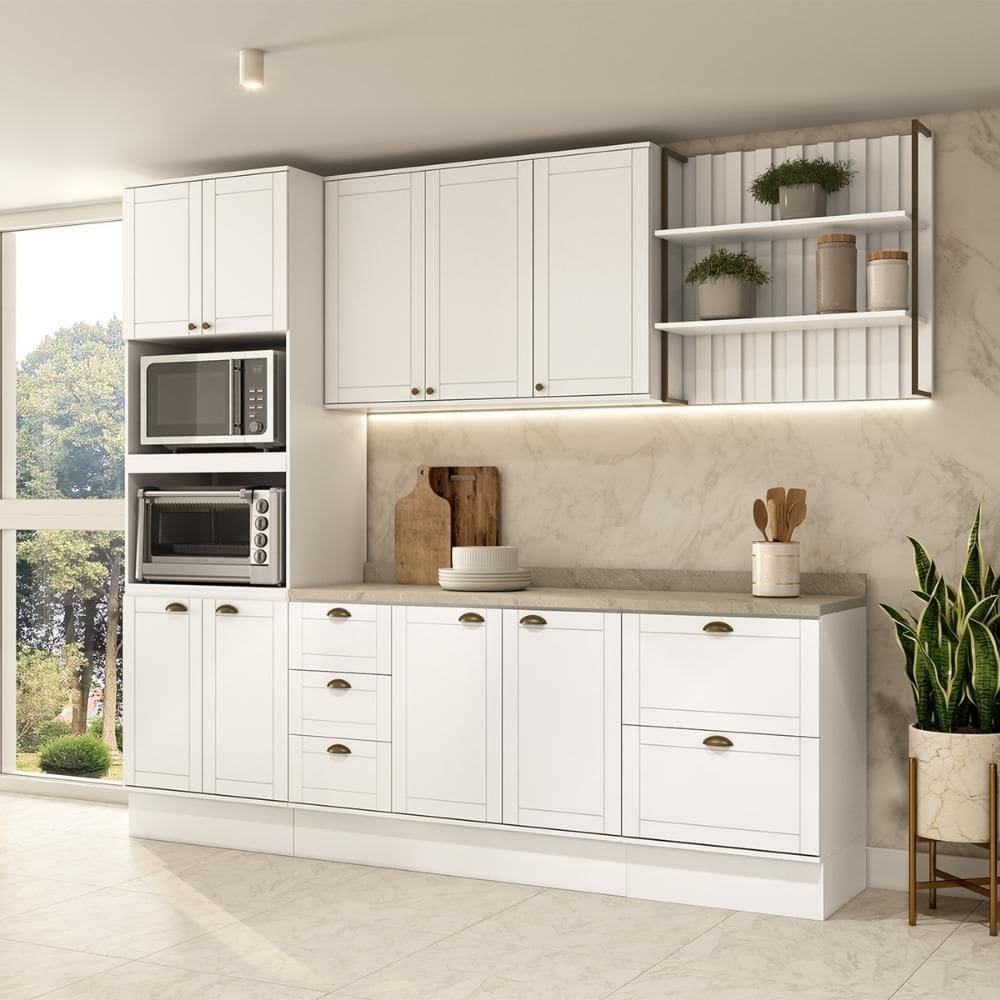 Armário de Cozinha Completa c Balcão Milla Glimmer Carraro Branco