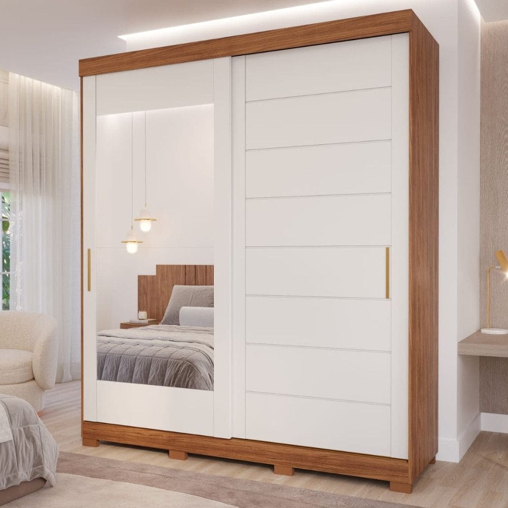 Guarda Roupa Casal Espelho e Pés 2 Portas de Correr 4 Gavetas Flora Panan