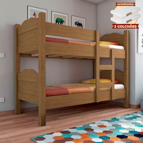Beliche Reforçada Multifuncional Vira 2 Camas Madrid com Grades de Proteção - Amêndoa com 2 Colchões