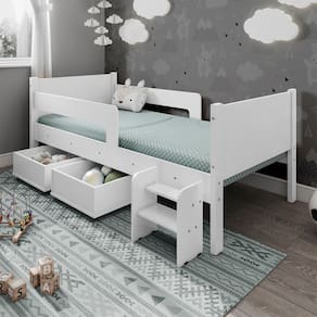 Cama Solteiro com 2 Baus Organizador e Escada Mdf Luna Plus Branco